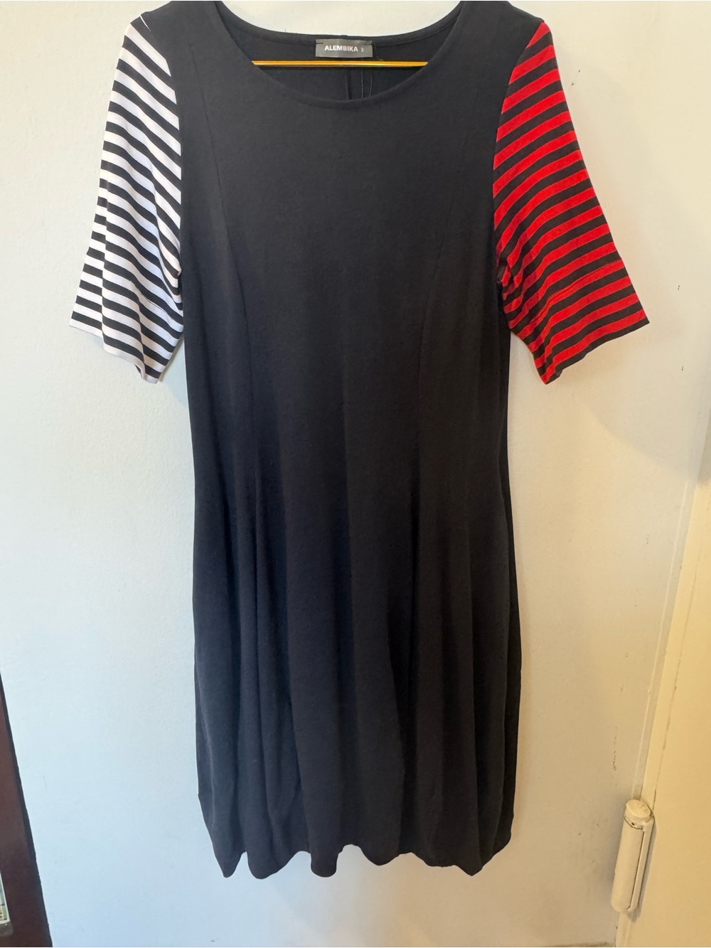 Alembika Black Midi Dress with Striped Short Sleeves